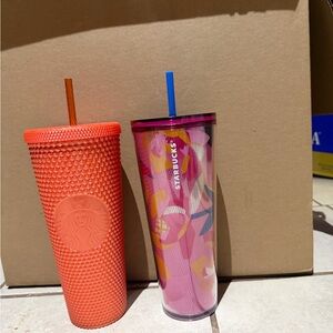 Starbucks Vibrant Orange and Floral Pink Tumblers